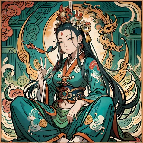 an ancient chinese goddess, guanyin of the southern seas, guanyin, inspired by india, avalokiteshvara rides a phoenix，,serene ex...