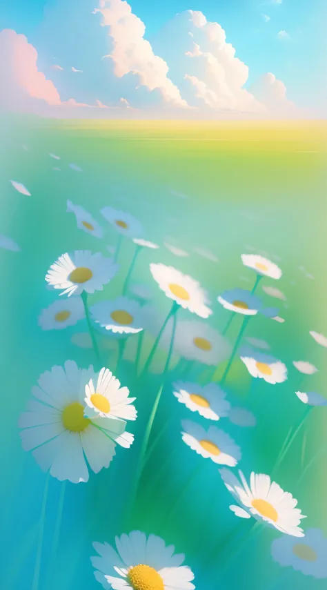 White flower field painting with blue sky as background, beautiful digital painting, soft digital painting, Gorgeous digital painting, Beautiful digital artwork, field of fantasy flowers, A beautiful artwork illustration, high quality digital painting, Ver...