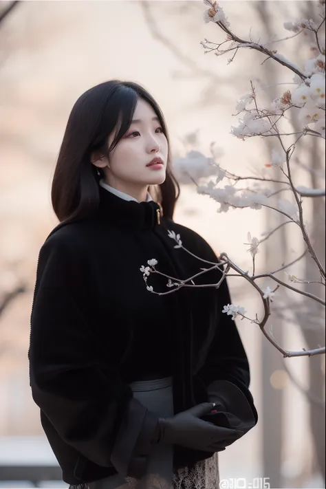 arafed woman in a black coat standing next to a tree, inspired by Itō Shinsui, heonhwa choe, korean artist, seseon yoon, sangsoo jeong, inspired by Ma Yuanyu, with frozen flowers around her, lee ji - eun, lee ji-eun, shinsui ito, jaeyeon nam