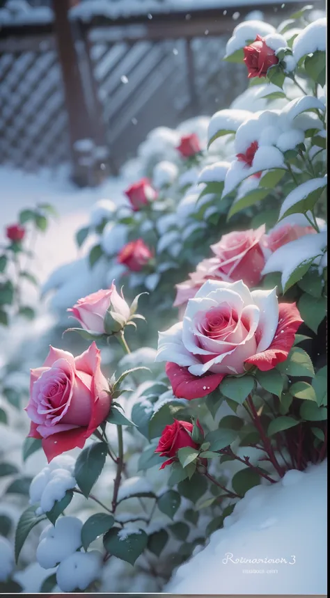 Red roses grow in the bushes, The leaves and petals were covered with dust and snowflakes,shot with a canon 35mm lens, photo of a rose, taken with a pentax k1000, Shot with Pentax 1000, Two 5mm ports, Photographed in Kodak Portera, rose twining, Red rose, ...