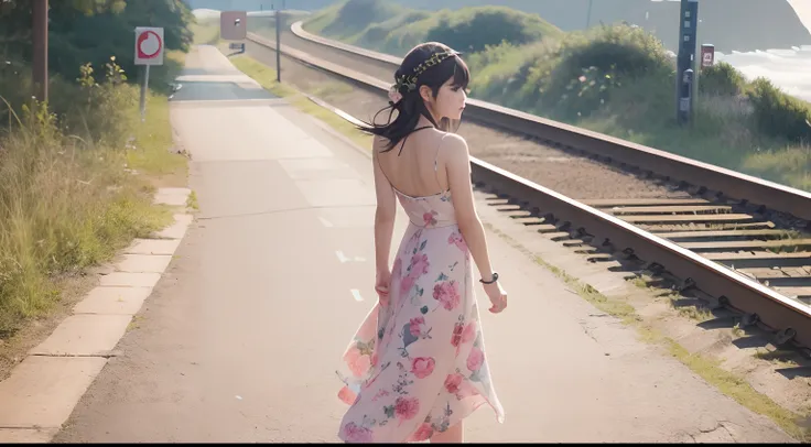 morning、Girl walking on a road parallel to the railroad tracks、You can see the sea in the background, I see the train、（ hair adornments、耳Nipple Ring、Floral hair ornament、butterfly hair ornament）、 Fuji Film, F/4.0, masutepiece, Anatomically correct、A smile,...