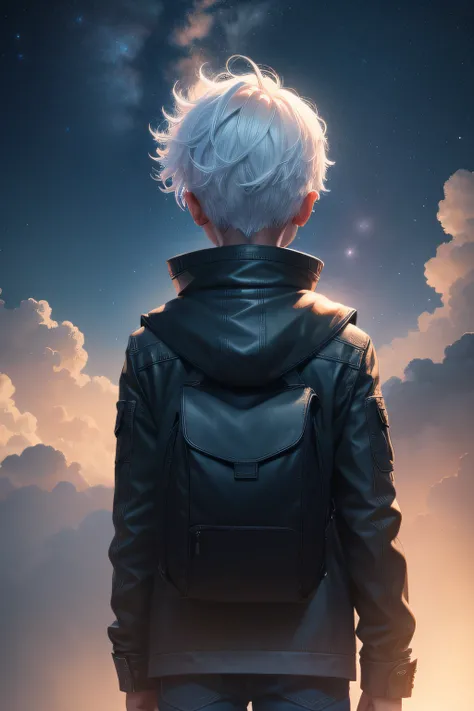 looking at the stars，The boy with white hair，The back does not show the face，Doomsday wasteland，Character Day comic book style，