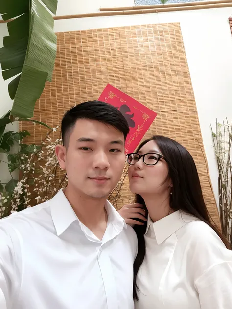 they are posing for a picture in front of a bamboo wall, lovely couple, in love selfie, hoang long ly, dang my linh, ao dai, with her long, 8k selfie photograph, happy couple, dao trong le, kissing together cutely, ruan jia and brom, loong, shot on nikon z...