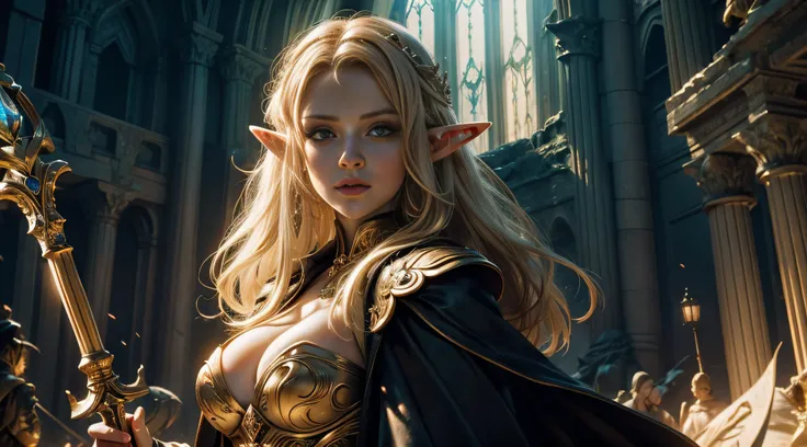 Female elf，Large breasts，magnificent robe，Glowing scepter，dramatics，dynamicposes，The background is a ruin，（Close portrait：1.3）