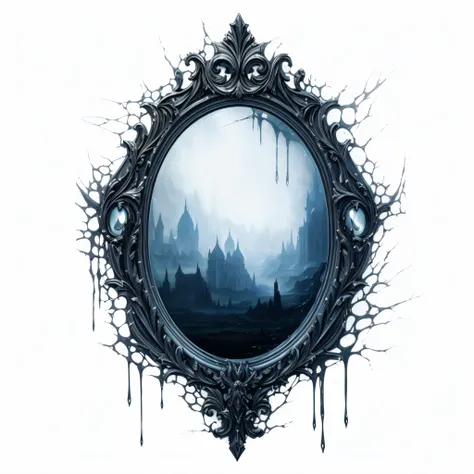 Arad picture of a mirror，It drips with paint, detailed 3d gothic oil painting, looking in a mirror, Alternative reality mirror, mirror background, an ominous fantasy illustration, Symmetrical epic fantasy art, dark fantasy illustration, Specular texture, f...