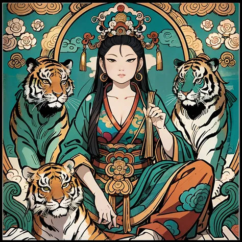 an ancient Chinese goddess, guanyin of the southern seas, Guanyin, Inspired by India, Avalokiteshvara rides a tiger，,Serene expression,shui mo hua,Buddha,Buddhist,Lotus,Chinese painting style,Thangka style