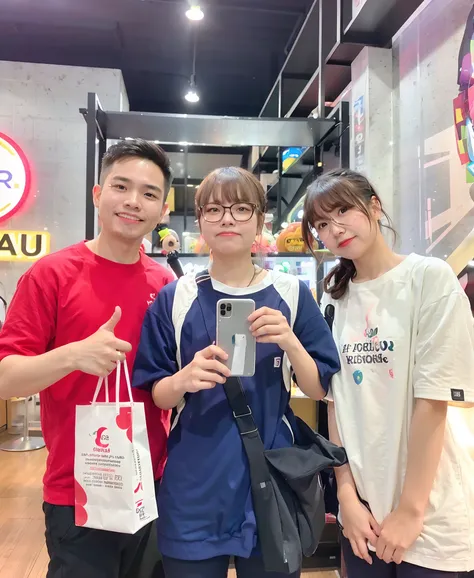 three people standing in a store holding up their cell phones, by Kanbun Master, captured on iphone, customer, octa 8k, with apple, 😭 🤮 💕 🎀, postprocessed), ruan cute vtuber, stephen lau and artgerm, smartphone photography, customers, captured on canon eos...