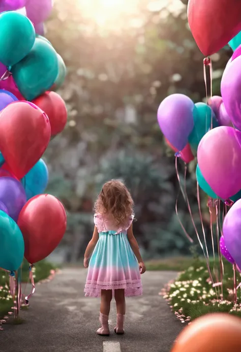 3d, menina, vestido cor rosa e azul, holding balloons