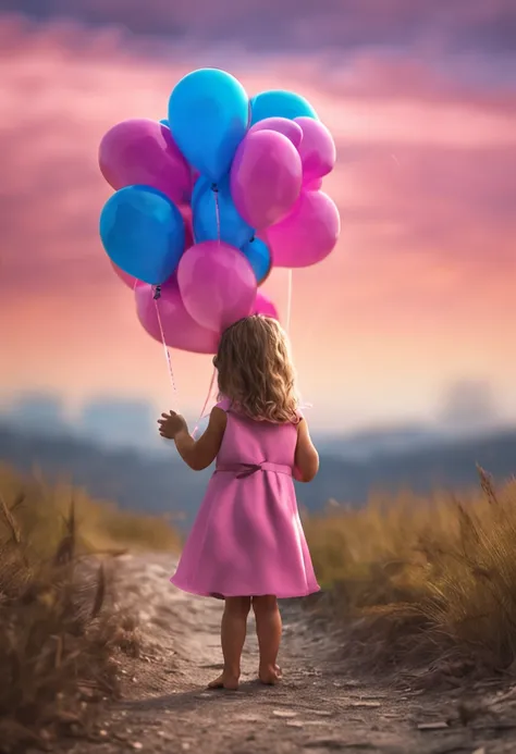 3d, menina gordinha, vestido cor rosa e azul, holding balloons