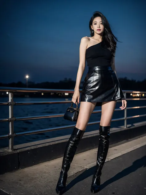 1girll，Solo，a skirt，Boots，Black color hair，long whitr hair，Over-the-knee boots，Skysky，shinning clothes，the night，Black shoes，looking at viewert，hason，无袖，a black skirt，leathers，of shoulders