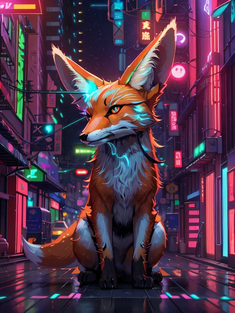 Masterpiece，城市，A fox with nine tails stands under the neon lights of the network，Multiple tails，Flying machinery，Sci-fi，high definition detail、Hyper-detailing、cinematic ligh、ultra-realistic realism、Soft light、Deep field focus bokeh、Ray tracing and surreali...