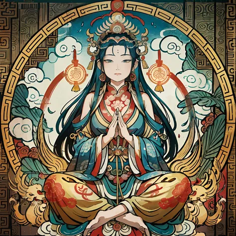 an ancient Chinese goddess, guanyin of the southern seas, Guanyin, Inspired by India, Avalokiteshvara rides a phoenix，,Serene expression,shui mo hua,Buddha,Buddhist,Lotus,Chinese painting style,Thangka style