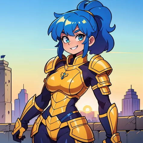 (1 girl), (solo), short blue hair, wavy blue hair, hair in a ponytail, shine golden eyes, strong build, athletic body, big breasts, (high quality), (hd), (very detailed), curly hair, broad shoulders, small chest, wide waist, slightly chubby, yellow armor, ...