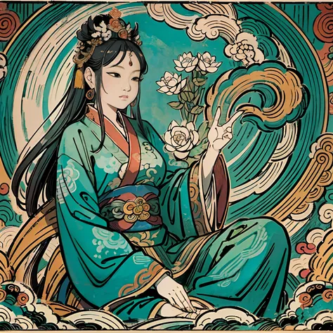 an ancient Chinese goddess, guanyin of the southern seas, Guanyin, Inspired by India, Avalokiteshvara rides a tiger，,Serene expression,shui mo hua,Buddha,Buddhist,Lotus,Chinese painting style,Thangka style