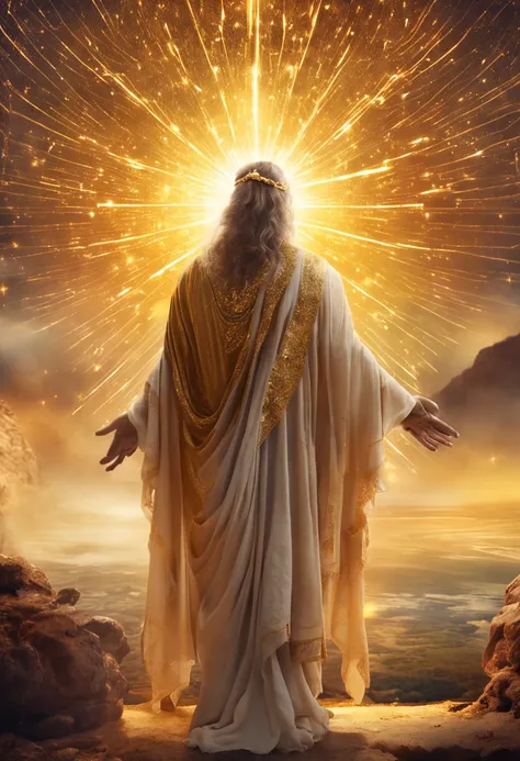 crie uma imagem de Deus com detalhes surreais, Showing a Divine Being in a Heavenly Setting, com cores vibrantes e luminosidade intensa. Add elements of golden divine light radiating through the scenery and effects of mystical particles in the air.