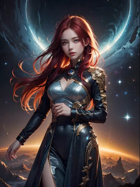 Unbeatable masterpiece, Ultra photo realsisim, Perfect artwork, Intricate details, Best quality, Strong light,High contrast,Masterpiece , Best quality , 超高分辨率(Abstract art:1.3) , Girl , In space , The beauty of the universe , Cosmic dress , stars , Starclo...