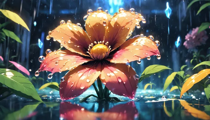 Retro arcade style a fluid big translucent jungle flower made of water is blooming, water drop on petals,after the rain, macro photo, Abstract photography, Astrophotography Lens (50mm), aerial photograph,  super-detailed, (masterpiece,best quality:1.5) 6|H...