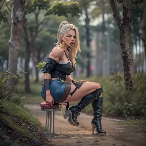 Brazilian, ganguro girl, beatiful face, Two girls, sexy secretary, muscular legs, muscular calves, Strong legs, muscular hips, wide thighs, Curvy hips, A full body shot, high-heeled sandals, tights in a net, mid-thigh boots, Short denim skirt, leather jack...