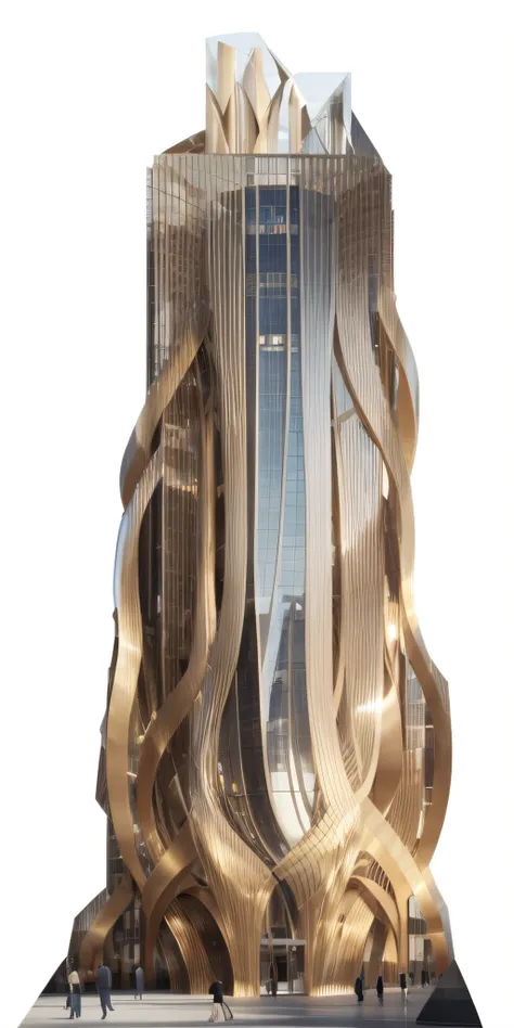 Close-up of a tall building with a very tall tower, inspired by Zaha Hadid, inspired by Zha Shibiao, cascading highrise, tall obsidian architecture, author：Chass is silent, Trump Tower, Sin Company skyscraper façade, zaha hadid octane highly render, in sty...