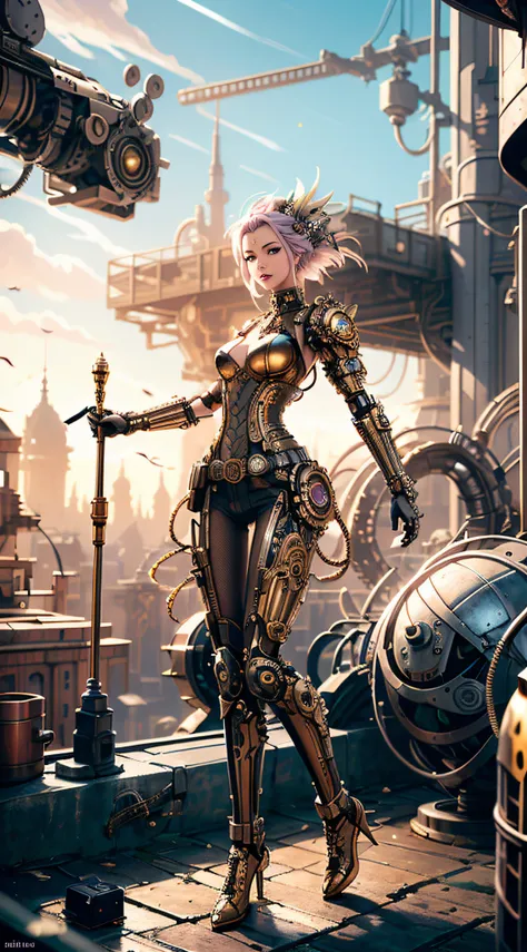 there is a woman in a futuristic outfit standing on a platform, mechanized valkyrie girl, steampunk fantasy style, a steampunk beautiful goddess, steampunk beautiful anime woman, steampunk warrior, steampunk concept art, digital steampunk art, steampunk di...