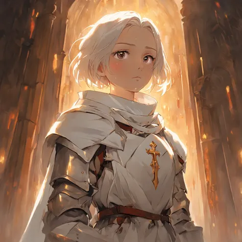 Joan of Arc, Medieval France, Petite and lean, Armor with a white coat and cross, Adobe Photoshop, Realistic digital painting, Historical portraits, high resolution, warm candlelight glow, Symbolic art, Brave, Resolute expression, Inspiring atmosphere