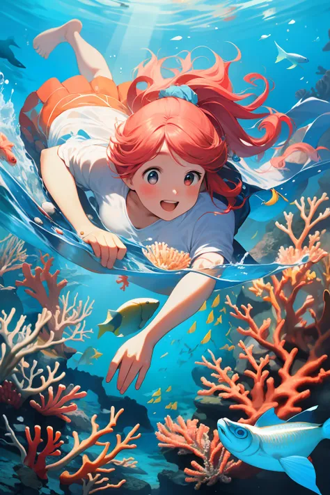 (ocean floor、marine life、beautiful coral reef、the fish),messy painting style，hair flows in water