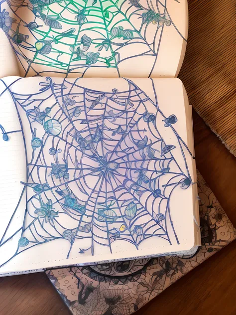 there is a coloring book with a spider web on it, spider webs, spiderwebs, spidery irregular shapes, with cobwebs, spider web, cobwebs, inside head cobwebs, coloring book outline, intricate wirings,  cobwebs and , lace web, detailed but rough, on a noteboo...