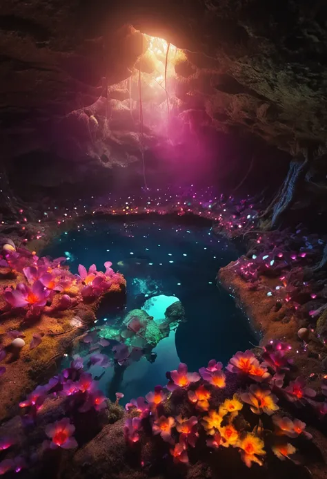 A hot spring cave with glowing plants, exotic plants, weird fungal plants, dreamy, colorful, fireflies, small mushrooms, lichens