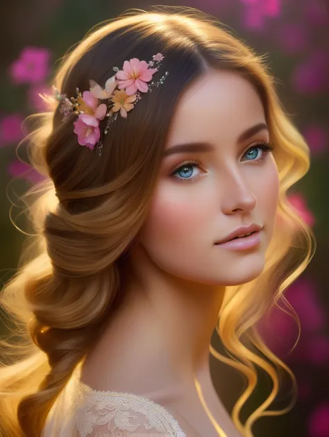 An extreme botanical masterpiece in the style of Emile Vernon, Detallado, hyper-realistic, Elemets de simbolismo y surrealismo, a painting of mse a stunningly beautiful woman by Emile Vernon, luminous design, colores tonos pastel, oro, gotas de tinta, Autu...