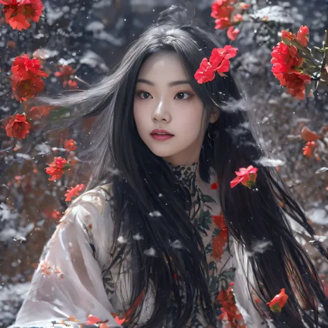 32K（tmasterpiece，k hd，hyper HD，16k）Long flowing black hair，Rockery，zydink， a color， Xuzhou people （Seduce girls）， （Red scarf in the snow）， jumping posture， looking at the ground， long whitr hair， Floating hair， Carp pattern headdress， Chinese long-sleeved ...