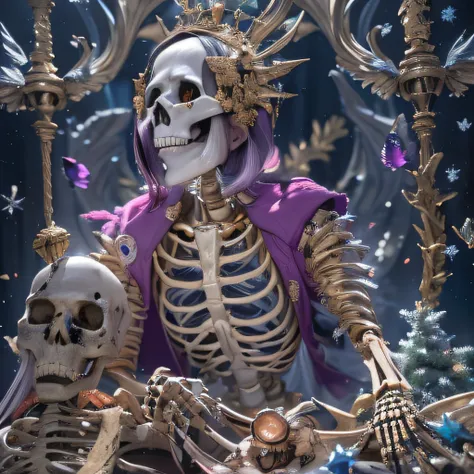 Tyson，Lunette de soleil，32K（tmasterpiece，k hd，hyper HD，32K）Purple-pink flowing hair，Gold skull jewelry area in the back room，Skeleton King ，Rusty copper dragon skull protector （The skeleton is realistic：1.4），Skull pattern robe，Purple-pink skull headdress，S...