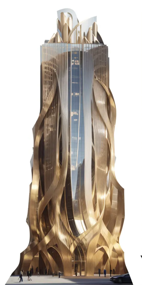 Close-up of a tall building with a very tall tower, inspired by Zaha Hadid, inspired by Zha Shibiao, cascading highrise, tall obsidian architecture, author：Chass is silent, Trump Tower, Sin Company skyscraper façade, zaha hadid octane highly render, in sty...