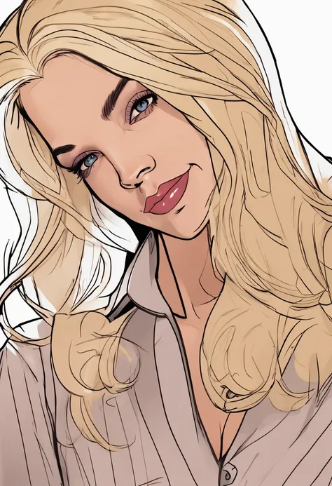 Un primer plano de una persona con cabello largo y una camisa, Gwen Stacy, Betty Cooper, Emma Frost, coloreado digitalmente, Boceto coloreado de alta calidad, in the art style of bowater, Retrato de Emma Frost, sil de especies, tiene el pelo rubio, Su vest...