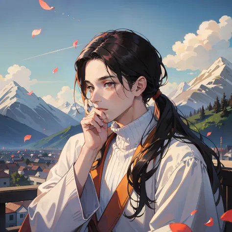 Best quality, masterpiece, potrait, avatar, half-body, 1 man, male, man focus, man only, long wavy black hair, low ponytail style, red eyes, turtle-neck with white robe, 3/4 side, bright eyes, brilliant scene, sky, looking down, looking at the viewers, cit...