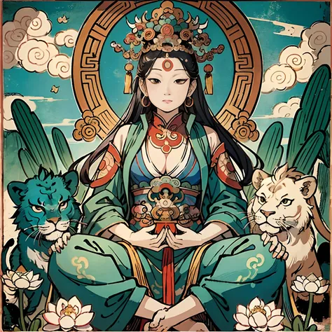 an ancient Chinese goddess, guanyin of the southern seas, Guanyin, Inspired by India, Avalokiteshvara rides a lion，,Serene expression,shui mo hua,Buddha,Buddhist,Lotus,Chinese painting style,Thangka style