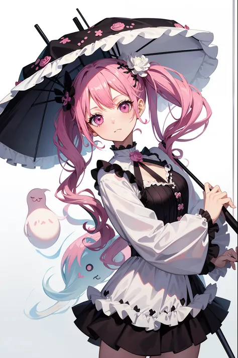 one piece perona, ghost, holding a cute umbrella, pink gothic outfit, hair tied into two pigtails with black and white flower hairpins, showing off