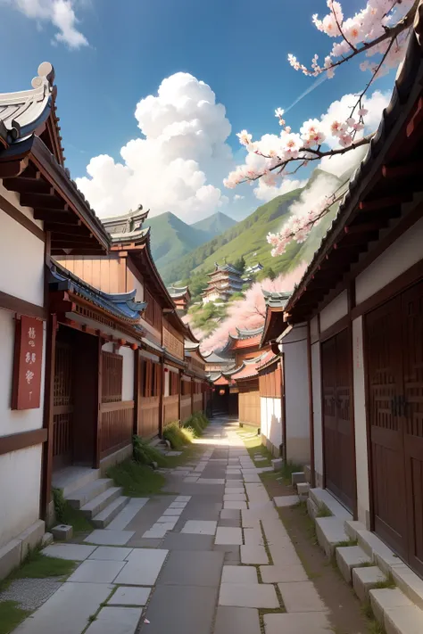 Peach Blossom Mountain Alley Ancient Alley Chinese Style Eaves Peach Blossom Petals Mountain Head Blue Sky and White Clouds Ancient Style 风吹拂花瓣