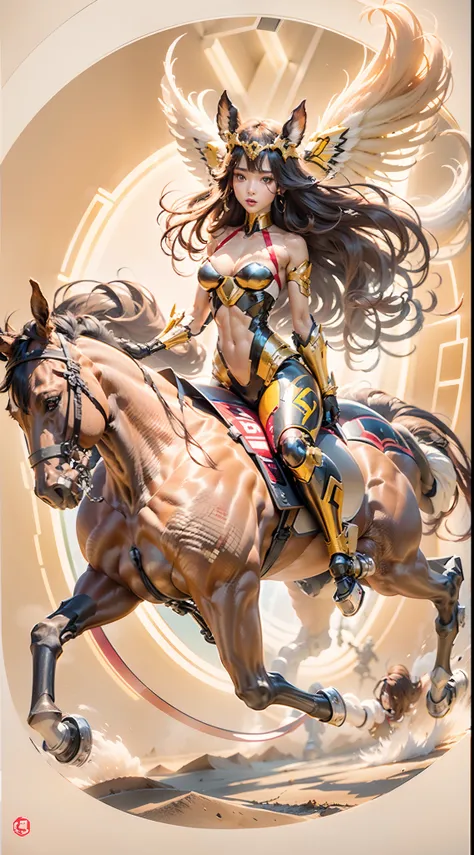 A female centaur，She is famous in the multiverse，She is both a female centaur, half human, half horse, half horse，It is also a female Yingzhao。She blends both images，The first is：（（The head of the horse/neck/Shoulder these parts，Replaced with a beautiful f...