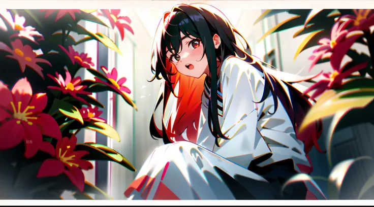 long hair girl，Going to the toilet，Look at the center point of the lens，sitted，embarressed，Be red in the face，with her mouth open，Surrounded by flowers（girl is peeing self：0.4）