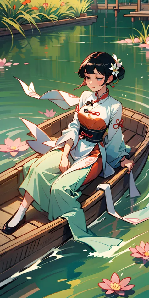 A girl in an ancient Chinese costume sits on a painting boat, the clothes, water, and flowers flutter in the wind, cum --auto --s2