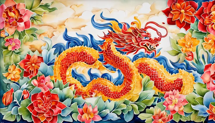 gold china dragon, lunar new year, spring flower, red lantern, colorfull background, highest quality, Full HD, close-up, 2023, 3d, (paper art, Quilted Paper Art, Geometry), highly colorful