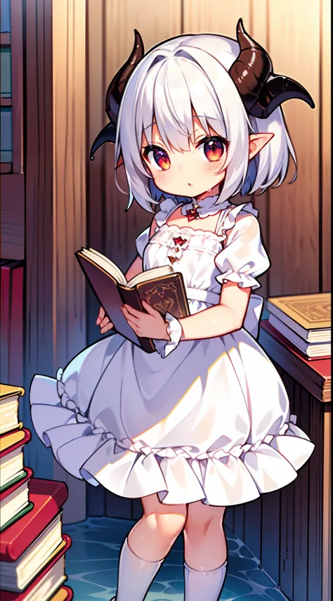 best quality,masterpiece,8K,highly detailed,(shiny skin,wet skin:1.2),demon girl,break silver,short hair,red big eyes,little girl,loli, lolita,cute,goat horn,standing，cute dress，liberary，books