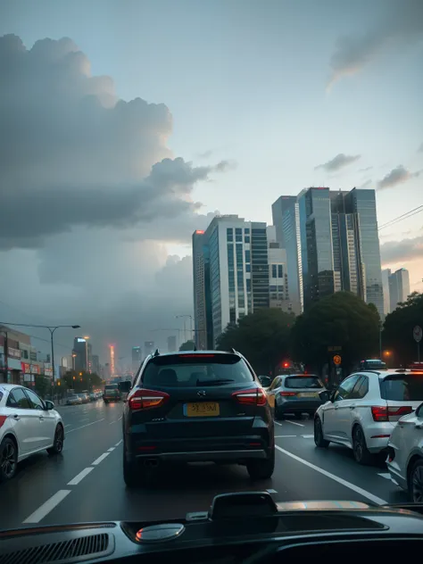 Cars driving on the busy streets of the city, 8K 50mm ISO 10, traffic in background, Drive through the city, f / 1. 9 6. 8 1 mm ISO 4 0, tall buildings on the sides, taken with sony alpha 9, the neat and dense buildings, visible sky and humid atmosphere, l...