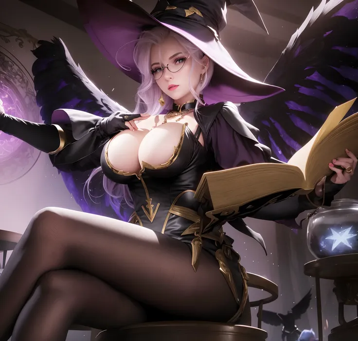 witch(alice)in the mobile game legend bang bang, hero Alice, beautiful witch holding a book in her left hand while sitting on a chair, wearing a large witch hat, blonde hair, wearing one-lens glasses on the left with a small gold chain , purple eyes, red l...