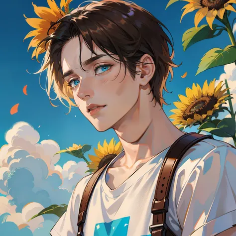 Best quality, masterpiece, potrait, avatar, half-body, 1 man, male, man focus, man only, short brown hair, turquoise eyes, simple T-shirt, 3/4 side, bright eyes, brilliant scene, sky, looking down, looking at the viewers, sunflower field background, flying...