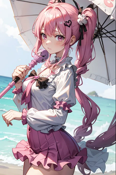 one piece ghost princess perona, ghost and sakura aura, holding a cute umbrella, wet pink gothic outfit, hair tied into two pigtails with black and white flower hairpins, perfect body shape