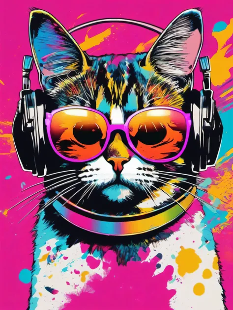 Particles of powder that explode and scatter,vivd colour,Cat in sunglasses and headphones