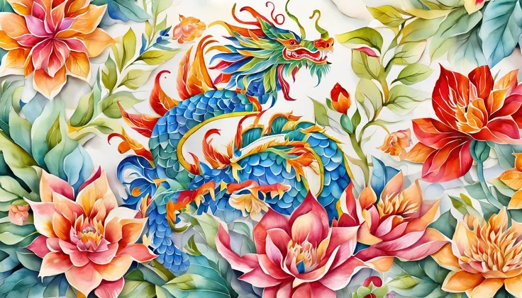 gold china dragon, lunar new year, spring flower, red lantern, colorfull background, highest quality, Full HD, happy dragon, 2023, 3d, (paper art, Quilted Paper Art, Geometry), highly colorful,  Anime beauty, Extremely colorful, Colorful illustrations, aqu...