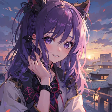 tmasterpiece，best quality at best，a girl，smoky eyes，edogawa purple hair，don't miss a toothless smile，behind is the sunset，heal