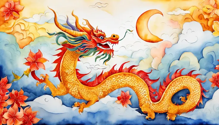 gold china dragon in sky, cloud, sun, wind, lunar new year, spring flower, red lantern, colorfull background, highest quality, Full HD, happy dragon, 2023, 3d, (paper art, Quilted Paper Art, Geometry), highly colorful, Anime beauty, Extremely colorful, Col...